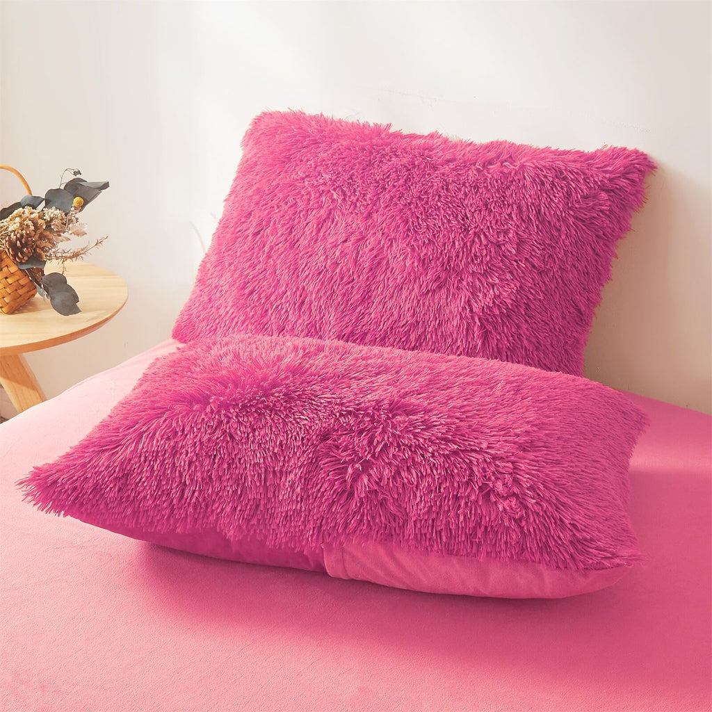 Fluffy Faux Fur hot Pink Comforter Cover Set - Ultra Soft Plush Bedding Sets 3 Pieces (1 Fluffy Duvet Cover + 2
