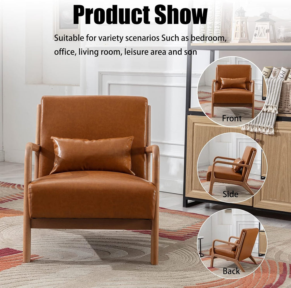 Mid Century Modern Accent Chair with Wood Frame, PU Leather Reading Armchair with Waist Cushion, Upholstered Living