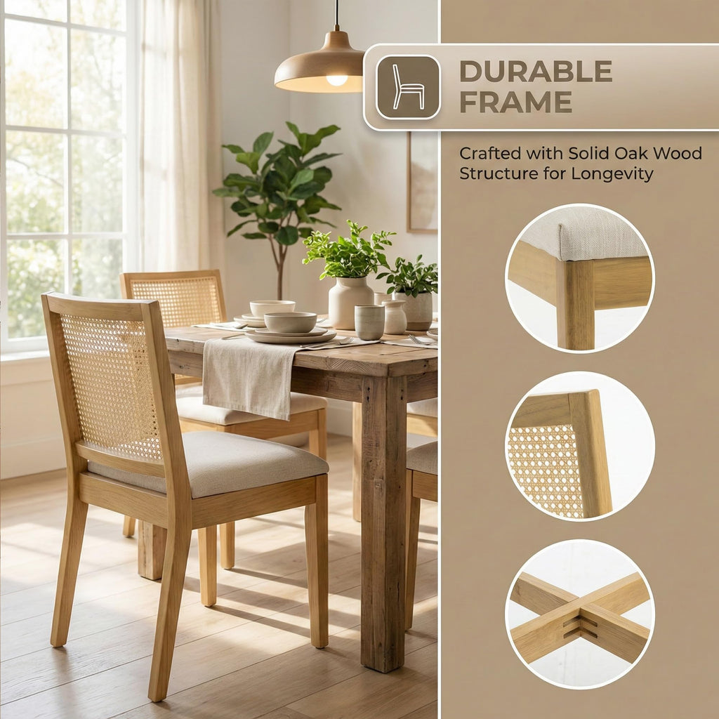 Farmhouse Rattan Dining Chairs Set of 6, Natural Solid Hardwood Frame, Upholstered Linen Seat, Ergonomic Cane Back