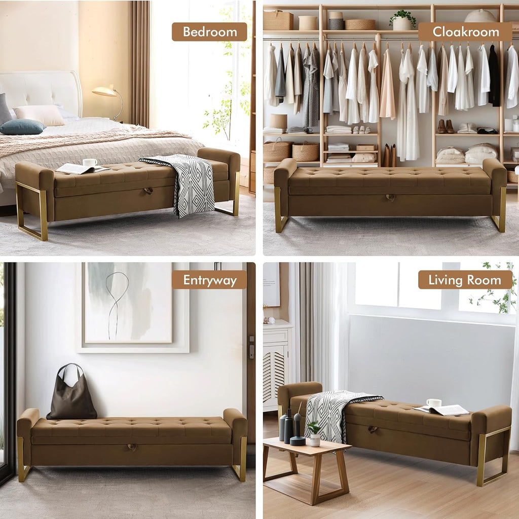 67" Storage Bench , End of Bed Bench King Size, Brown | Upholstered Velvet Storage Ottoman Bench with Golden Legs