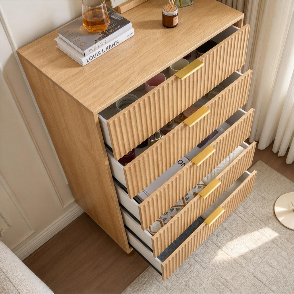 Fluted 5 Drawers Bedroom Dresser, 48" Tall Chest of Drawers Gold Handle, Oak