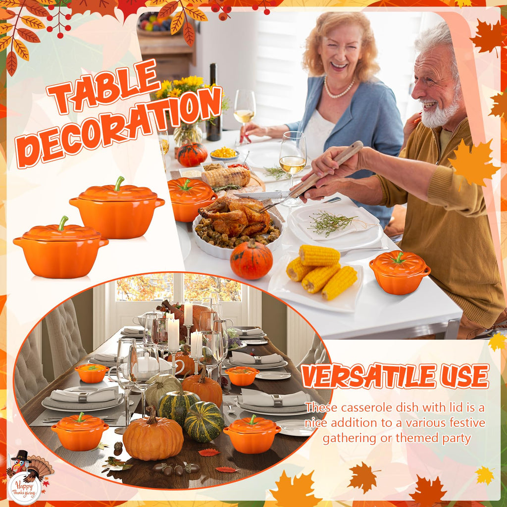 2 Pcs Ceramic Pumpkin Bowls with Lids, 13 oz Oven Safe Ramekins