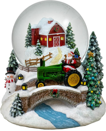 100MM Musical Christmas Barn and Tractor Snow Globe by The San Francisco Music Box