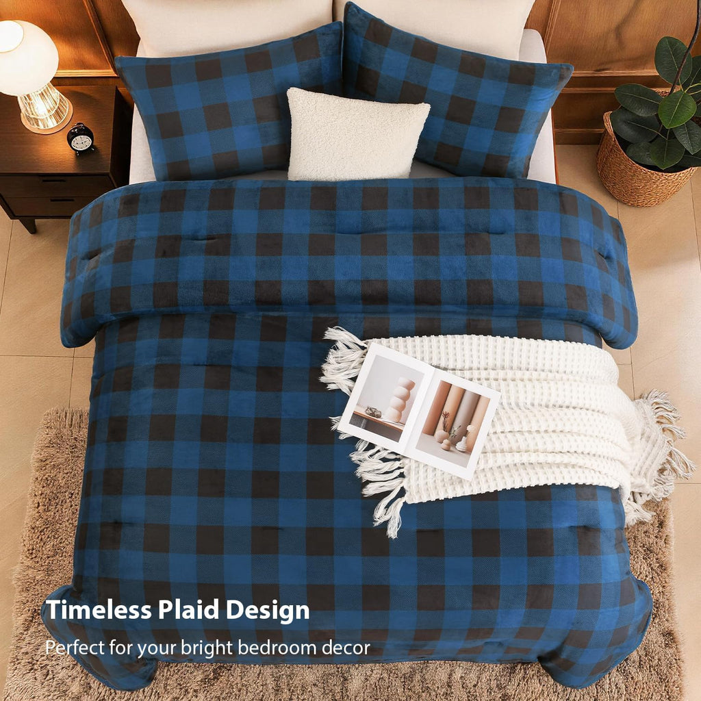 Velvet Flannel Plaid Comforter Set, 3 Pcs Blue Blanket