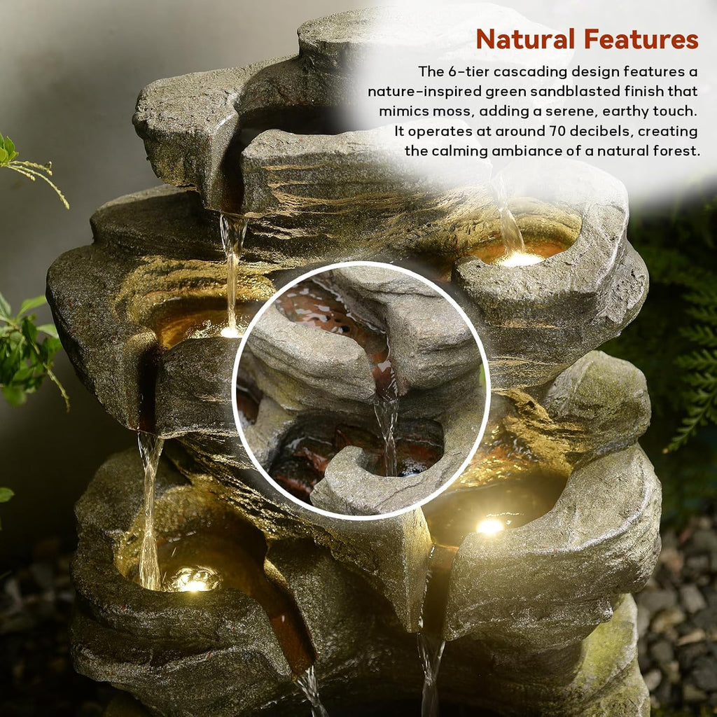 24.2" H Rock Cascading Water Fountain Outdoor&Indoor, 6-Tier Garden Fountains, Floor-Standing Waterfall with Lights