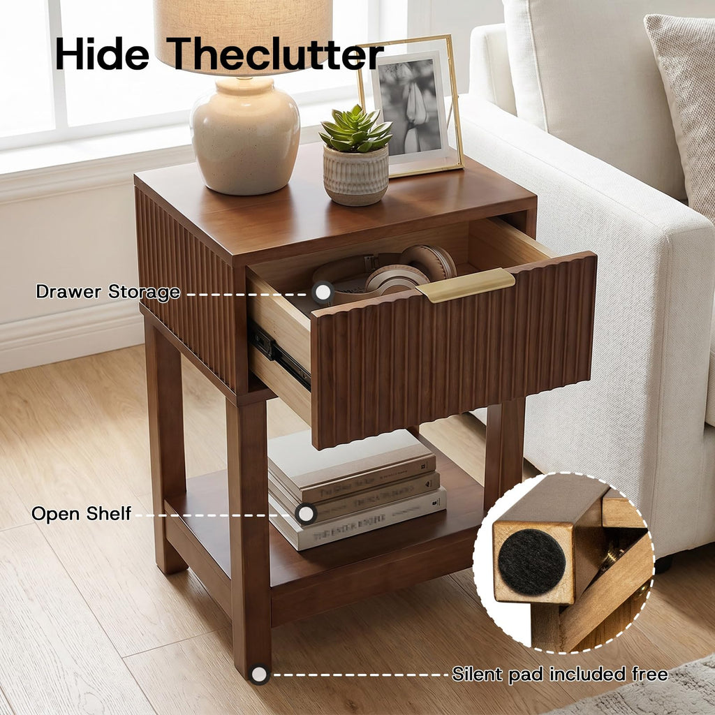 Solid Wood Nightstand with Drawer, Mid-Century Real Wooden Bedside Table with Storage, Modern Fluted End Table Sofa