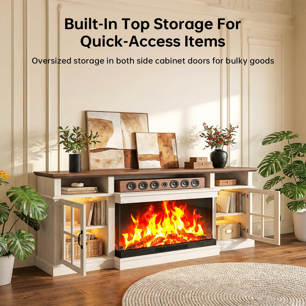 80" Farmhouse Fireplace TV Stand, 3‐Sided Glass Fireplace, White