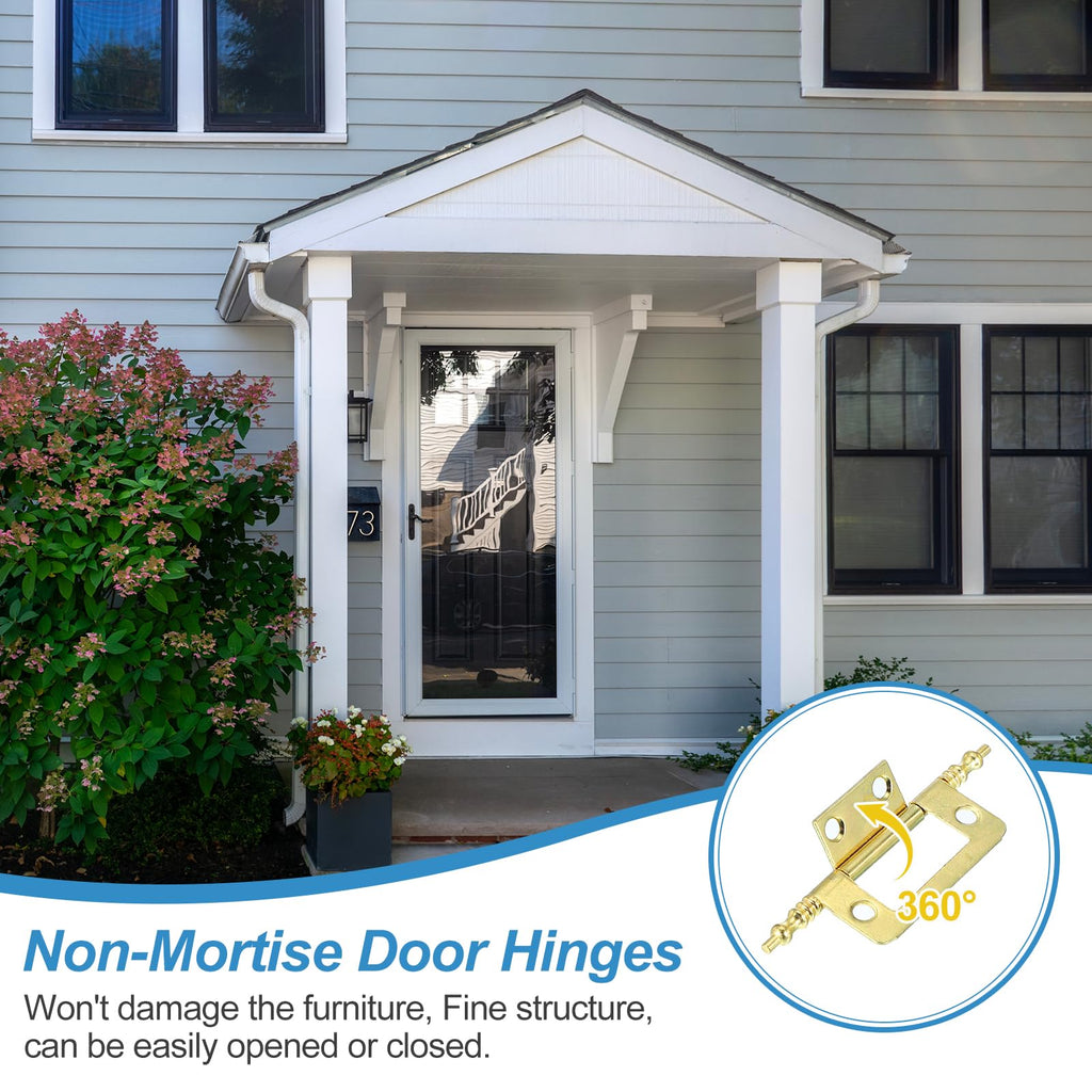 Non-Mortise Door Hinges, 2" x 1" Heavy Duty Steel Flush Cabinet Hinges, Gold, Classic, Pack of 4
