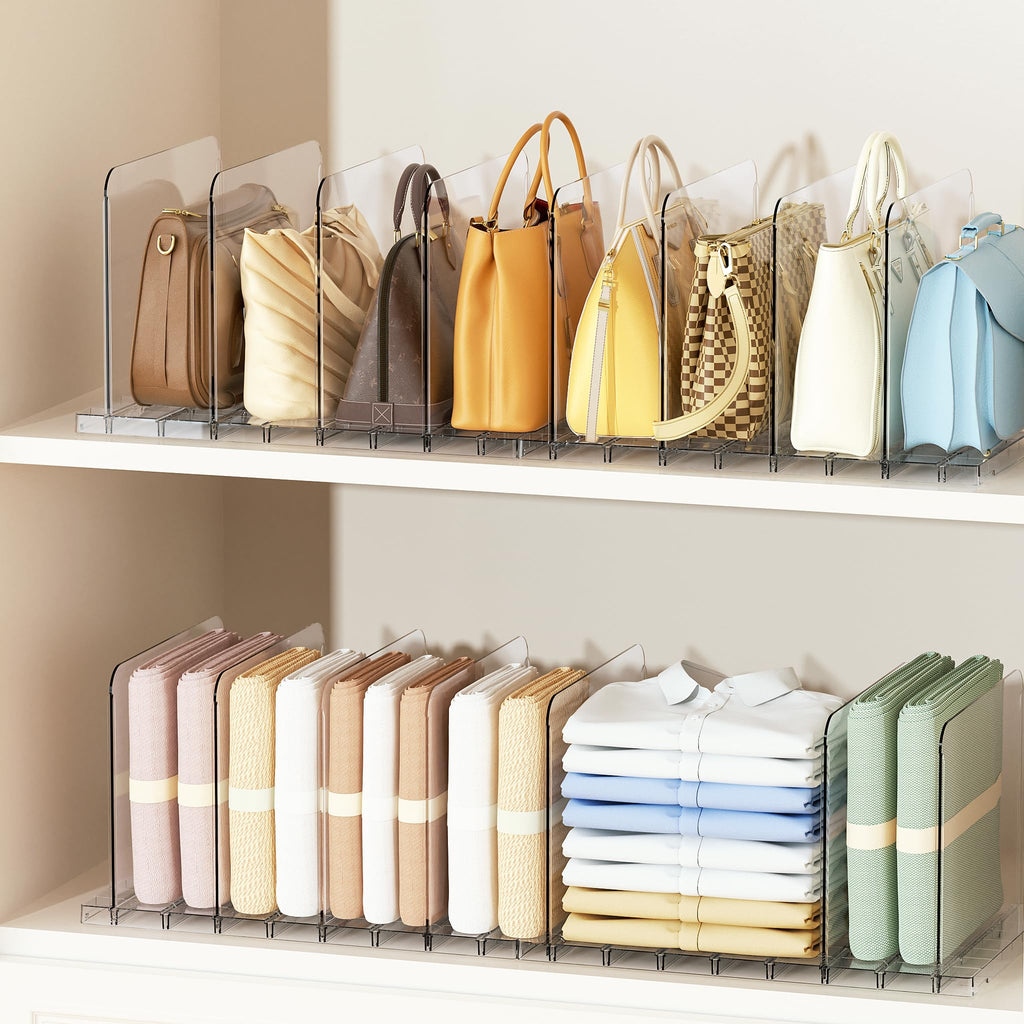 Purse Organizer for Closet, Holds 16 Bags, Clear Acrylic Adjustable Shelf Dividers, Stackable Handbag Storage, Keep