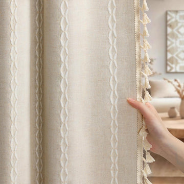 Boho Blackout Curtains 2 Panels 84 Inch for Living Room Bedroom, Beige Linen Texture Farmhouse Curtains with Tassels