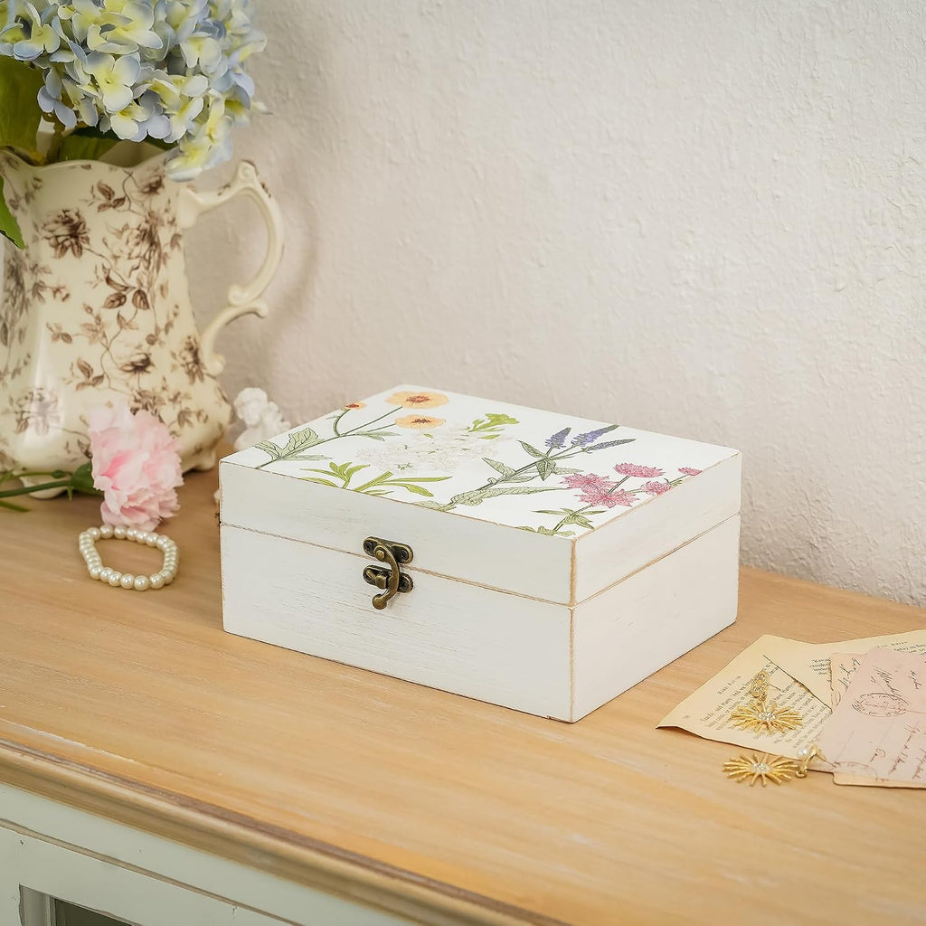 Small Decorative Box with Hinged Lid Wooden Handmade Keepsake Storage Box Floral Printed Jewelry Box Rustic Trinket