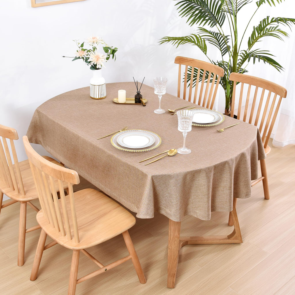Faux Linen Oval Tablecloth Heavy Duty Wrinkle Resistant Fabric Table Cloths 60 x 84 Inch Flaxen Farmhouse Rustic