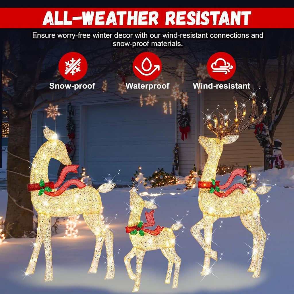 62" Reindeer Christmas Decor Outdoor, 3-Piece Lighted Reindeer Family-Gold