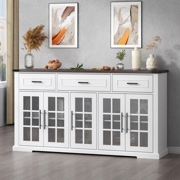 63" Buffet Cabinet with Glass Doors, Farmhouse Sideboard with 3 Drawers