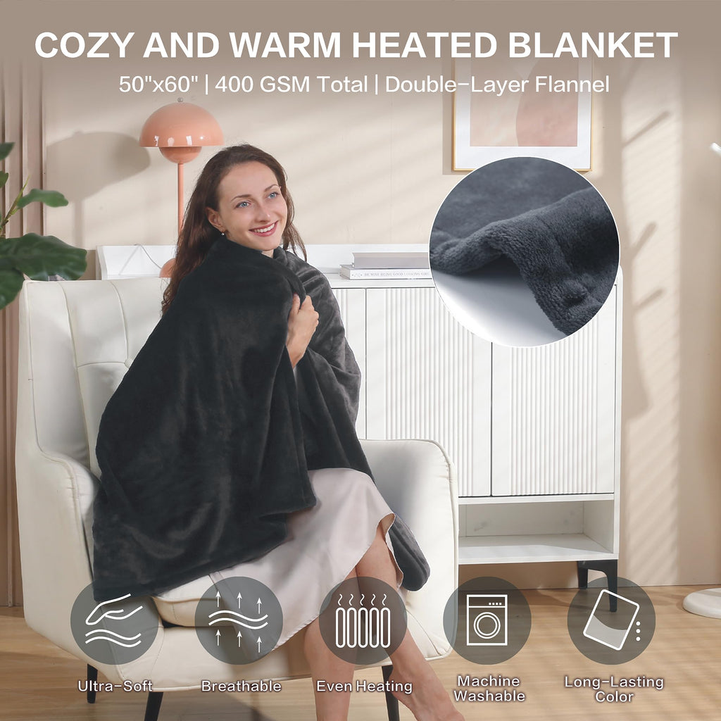 Heated Blanket Throw, Soft Double Flannel Electric Heating Blanket