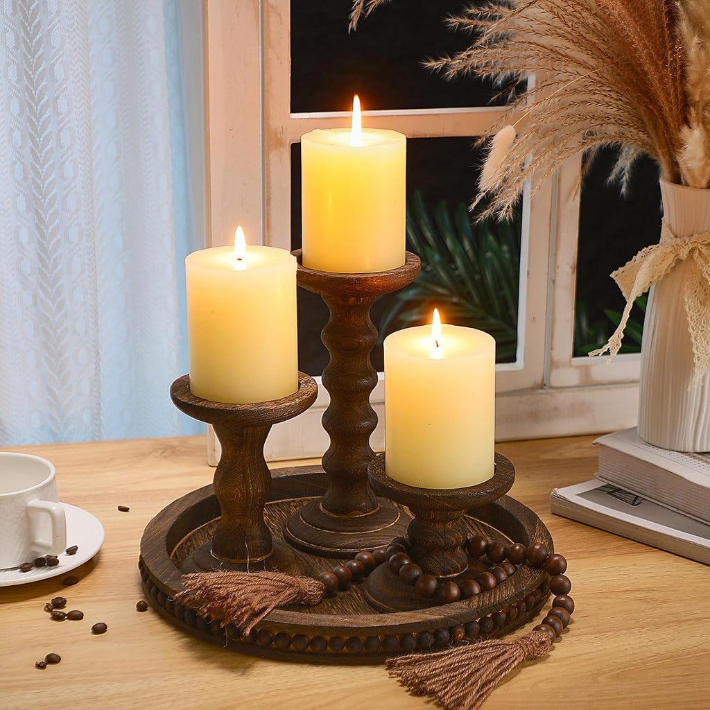 8 Pcs Farmhouse Wood Candle Holders with Pillar Candles Set Wooden Rustic Candle Holders Round Decorative Serving