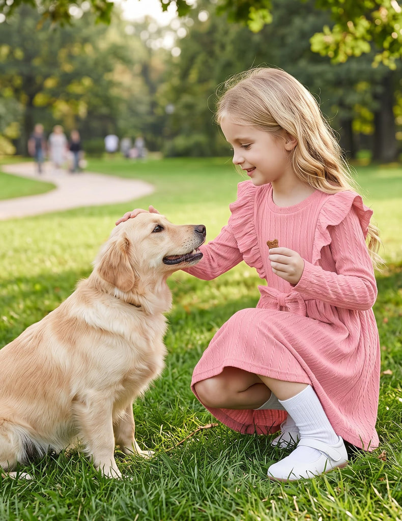 Toddler Girl Dress Ruffle Ribbed Knit Long Sleeve A-Line Swing Fall Winter Bowknot Casual Pink Dress with Pockets