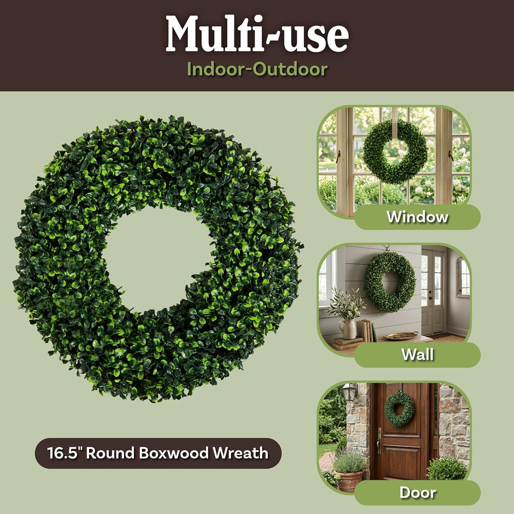 Round Boxwood Wreath for Front Door, Green, 16.5"