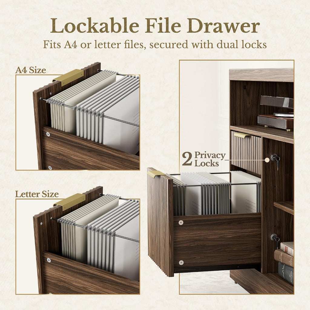 2 Drawer File Cabinet with Lock, Filing Cabinet | Wood Fluted Lateral File Cabinet for Letter/A4 Size, Print Stand