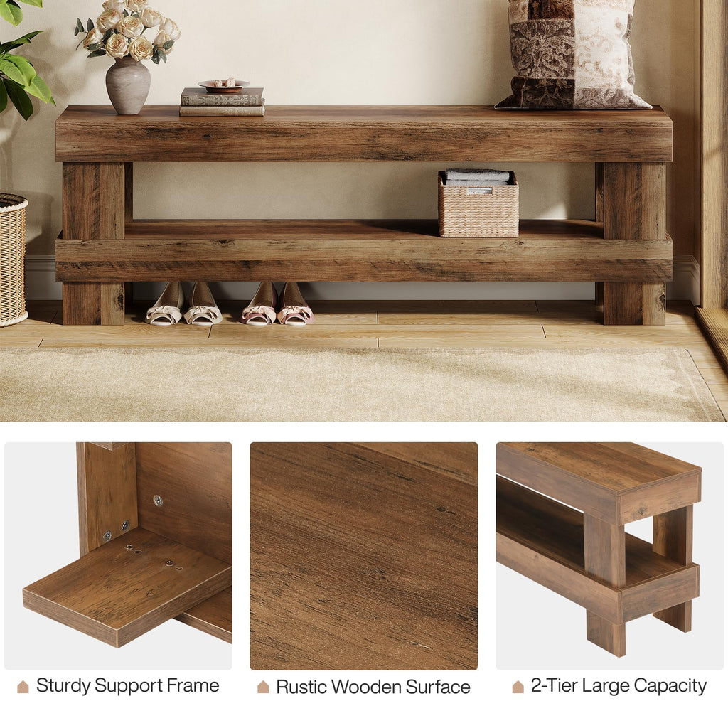 Farmhouse Entryway Bench, Rustic Brown 59-Inch Long Shoe Bench Seat with Open Storage Shelf, 2-Tier Narrow End of Bed