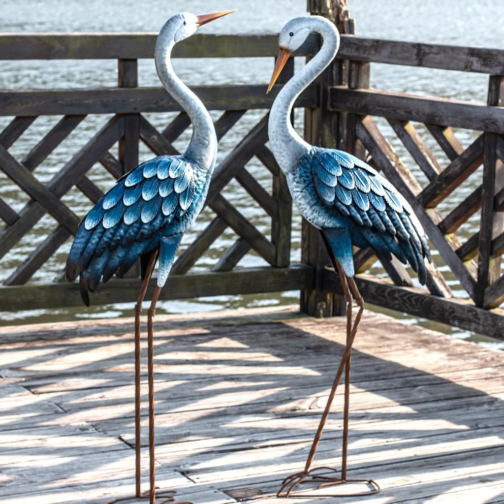 Blue Metal Heron Statues,Outdoor Garden Crane Sculptures 47-48 Inch | Waterproof and Rust-proof Bird Yard Art, For