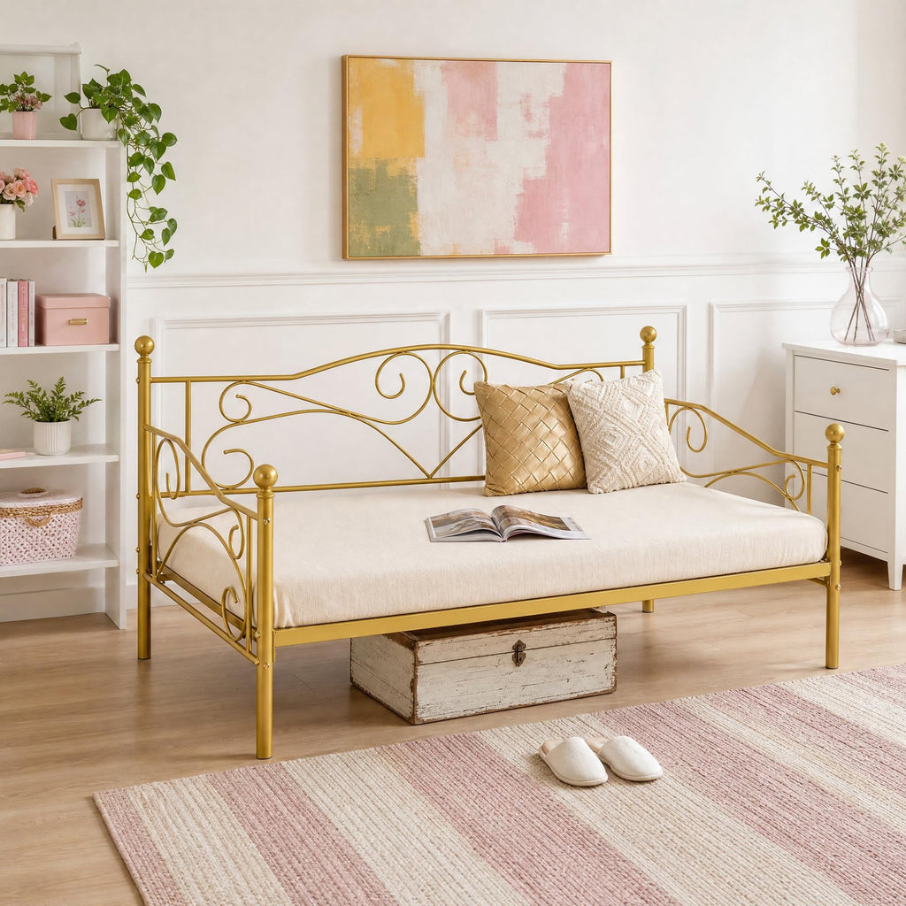 Twin Size Daybed Frame Metal Sofa Bed Mattress Foundation with Headboard, Heavy-Duty Steel Slat Support Living/Guest