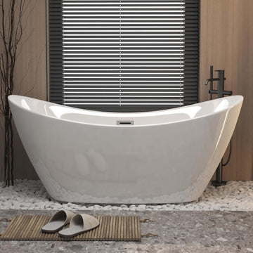 67" Oval Freestanding Soaking Bathtub with Toe-Tap Chrome Drain & Adjustable Leveling Feet, Stand Alone Tub, Acrylic