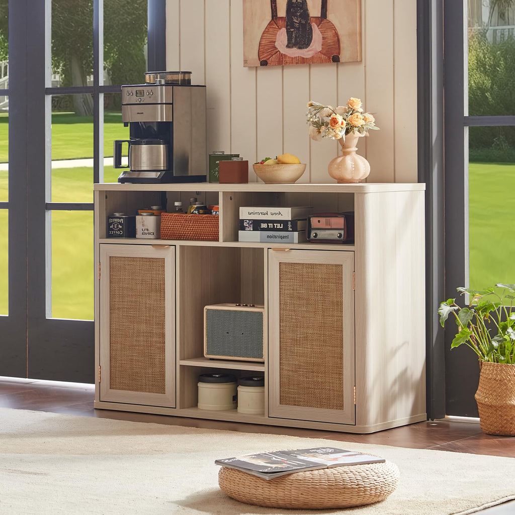 Rattan Wine Bar Cabinet with Storage, Grey White
