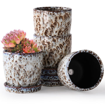 Succulent Pots, 4 Inch Small Indoor Ceramic Planter Pot with Drainage Holes and Saucers for Plants- Reactive Glaze