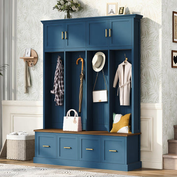 Farmhouse Hall Tree with Storage Cabinet & Shoe Bench, Navy Blue