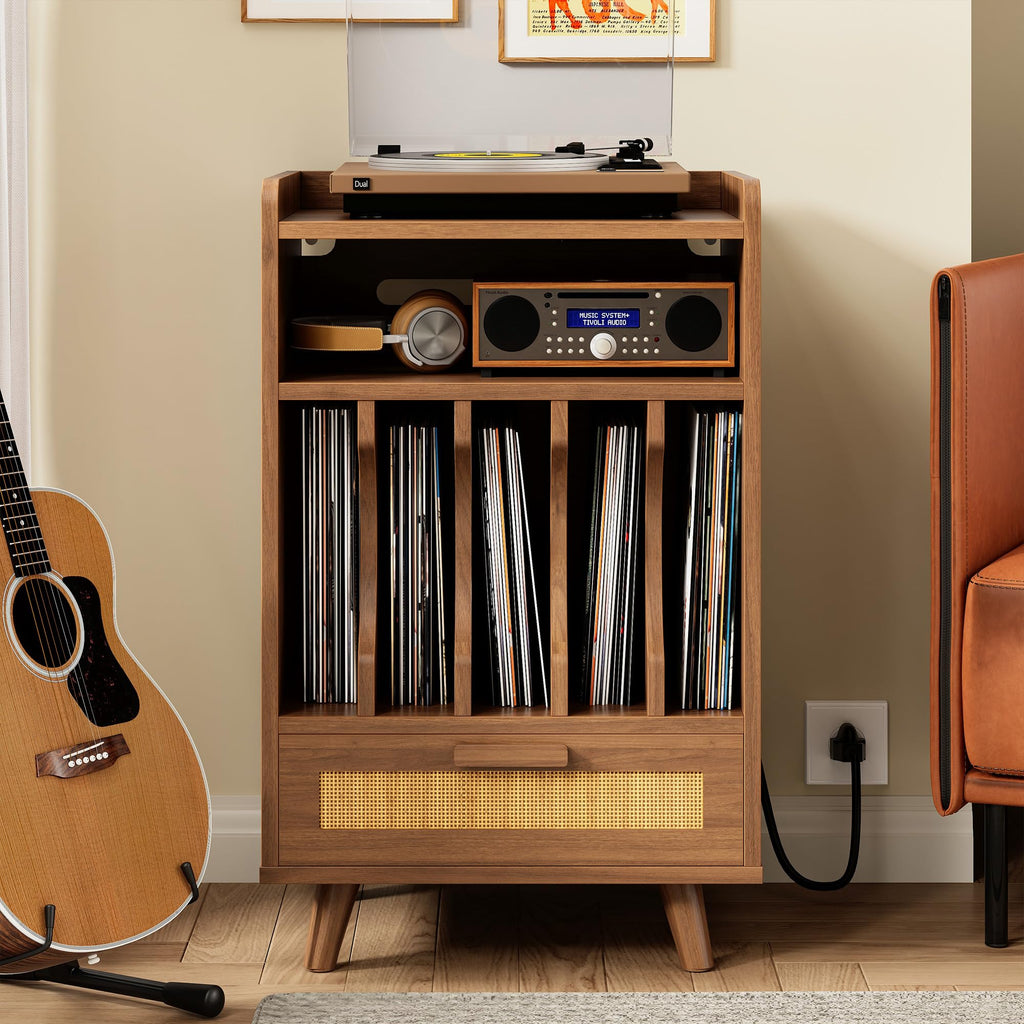 Record Player Stand with Power Outlets, Vinyl Storage Cabinet, Brown