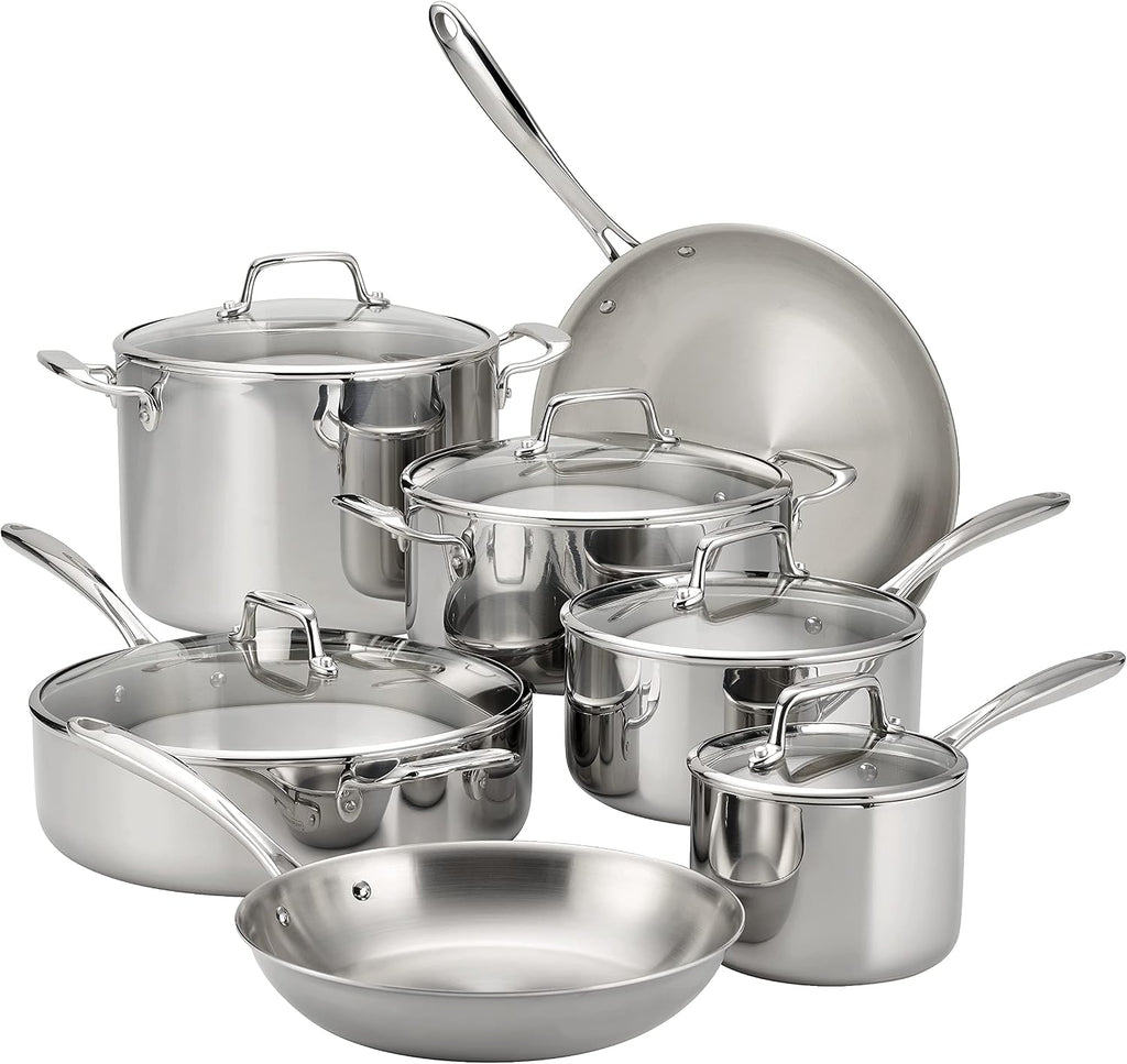 Boston Tri-Ply Clad Stainless Steel 12-Pc Pots and Pans Set | Cookware Kitchen Set with Glass Lids, Induction-Ready