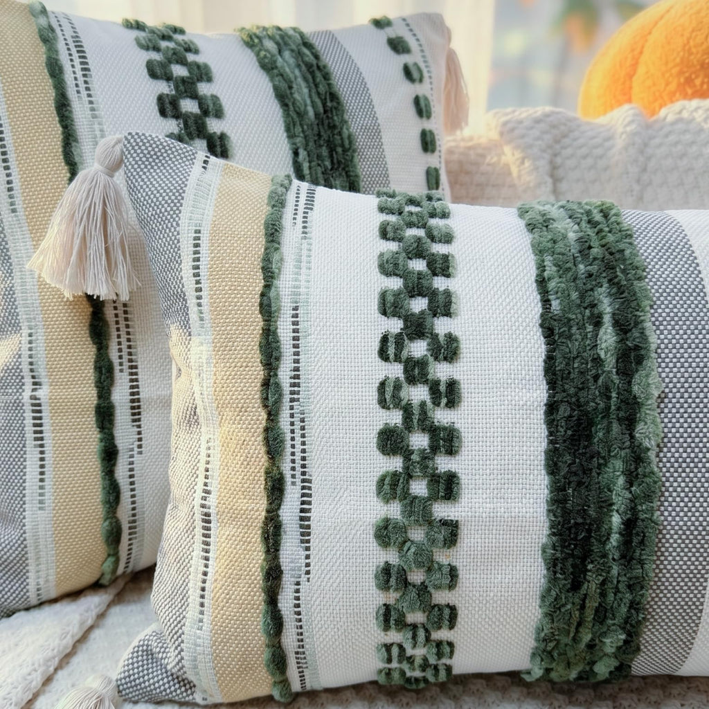 Chenille Farmhouse Throw Pillow Covers 16 x 16 Dark Green, Neutral Boucle Couch Pillow Cover, Striped Decorative Boho