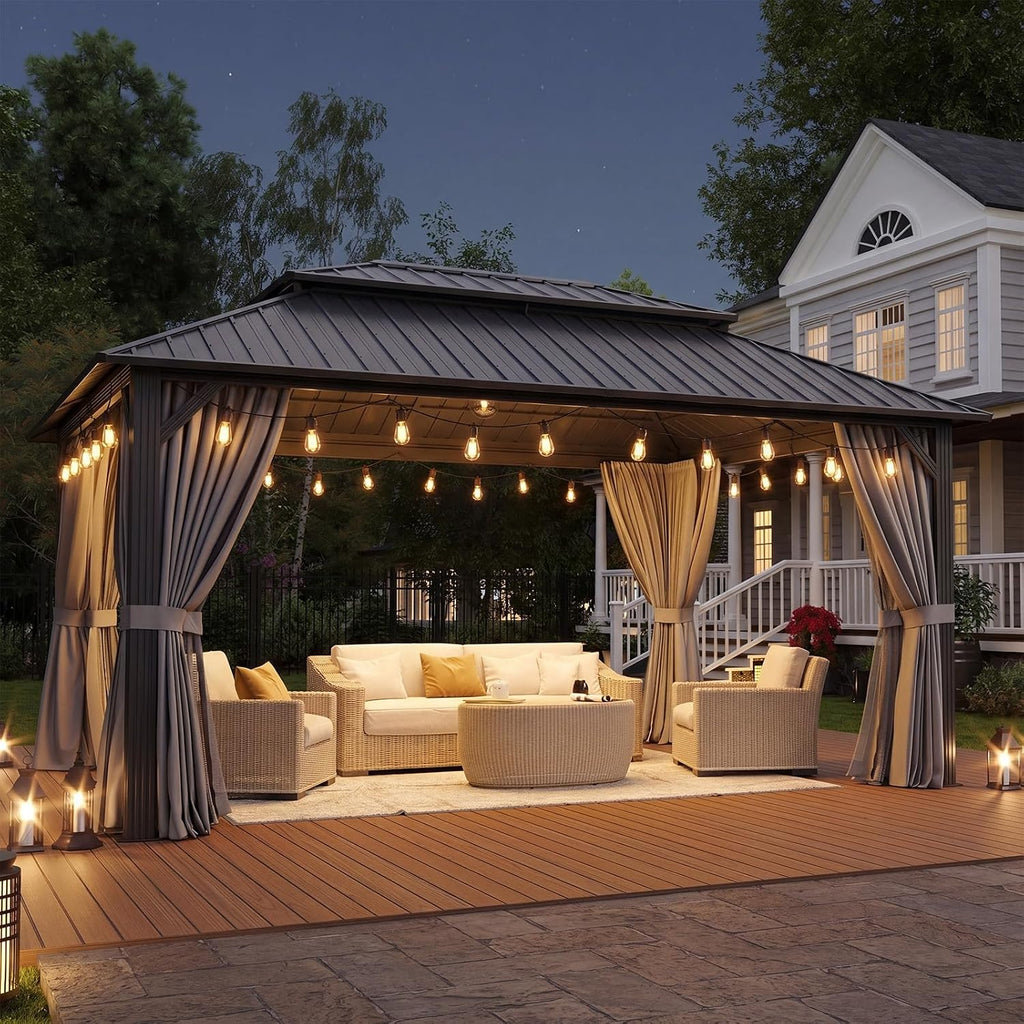 12Ft X 16Ft Hardtop Gazebo, Aluminum Metal Outdoor Gazebo with Breathable Netting and Curtains