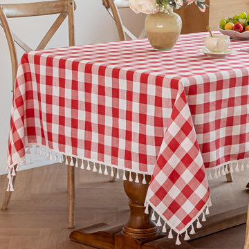 Red Gingham Tablecloth Rectangle 55 x 120 Inch, Farmhouse Cotton Linen Blend Table Cloth with Tassels, Washable