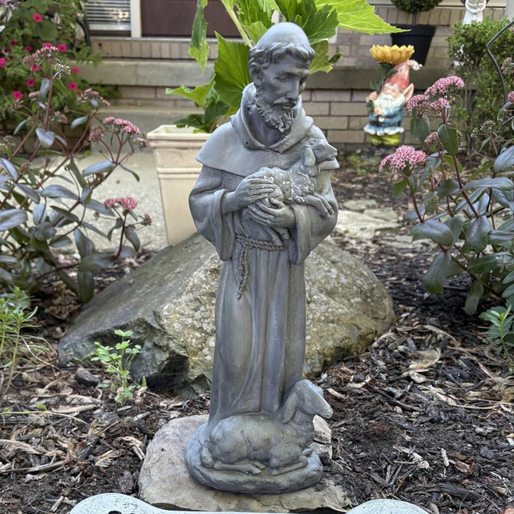 Vintage St Francis Garden Statue - 15.2 Inch Resin Patron of Animal Figurine Saint Francis Sculpture with Sheep for
