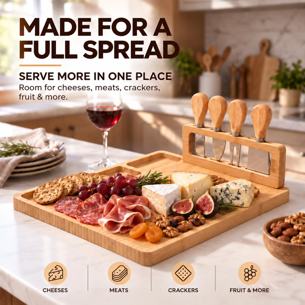 Charcuterie Board Set - 14 x 11 Cheese Board & Mounted Utensil Holder
