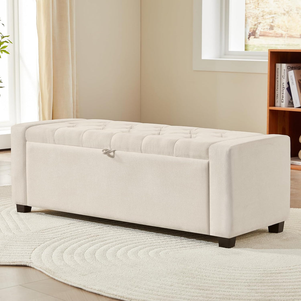 Ottoman with Storage,Tufted Storage Bench with Safety Hinge,Holds up to 350 lb,Upholstered Bench with Seating ,Linen