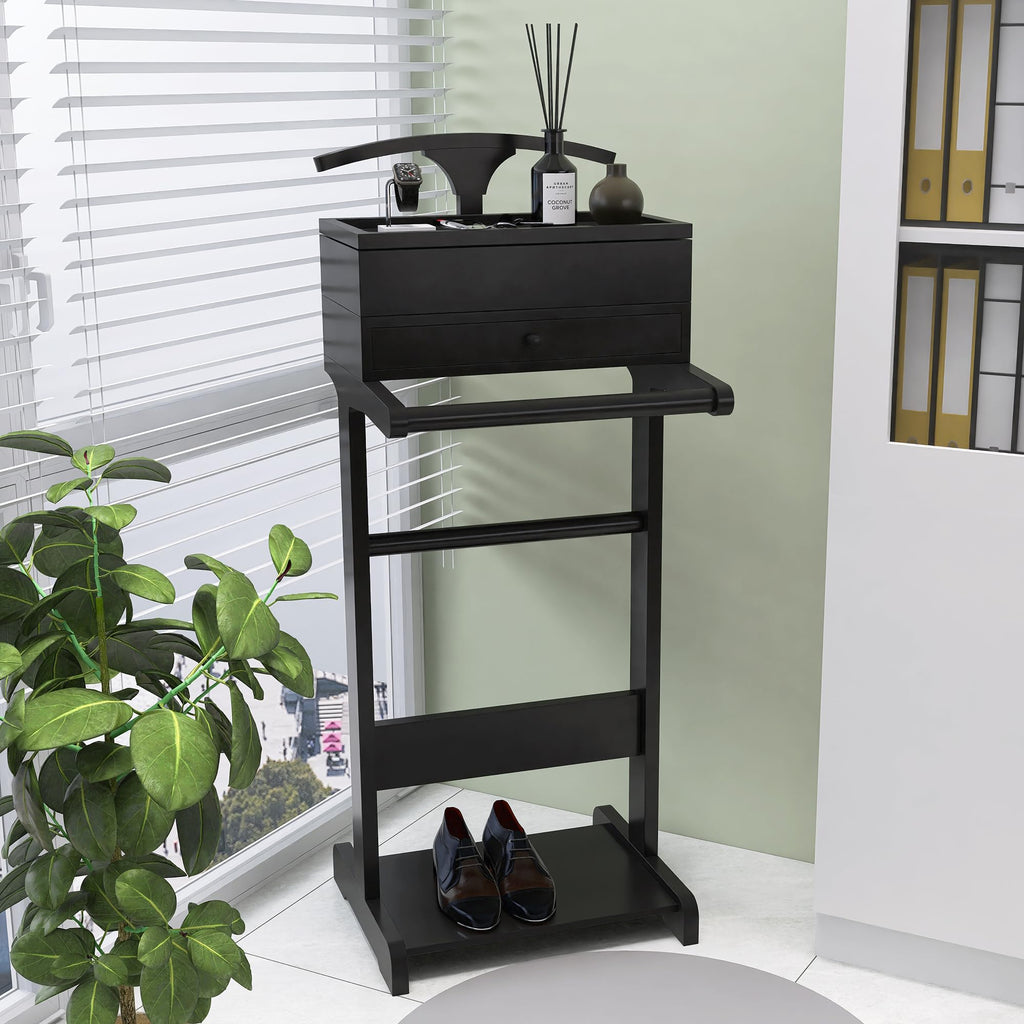 Mens Valet Stand with Drawer & Suit Hanger & Flip Tray, Wooden Clothes Rack