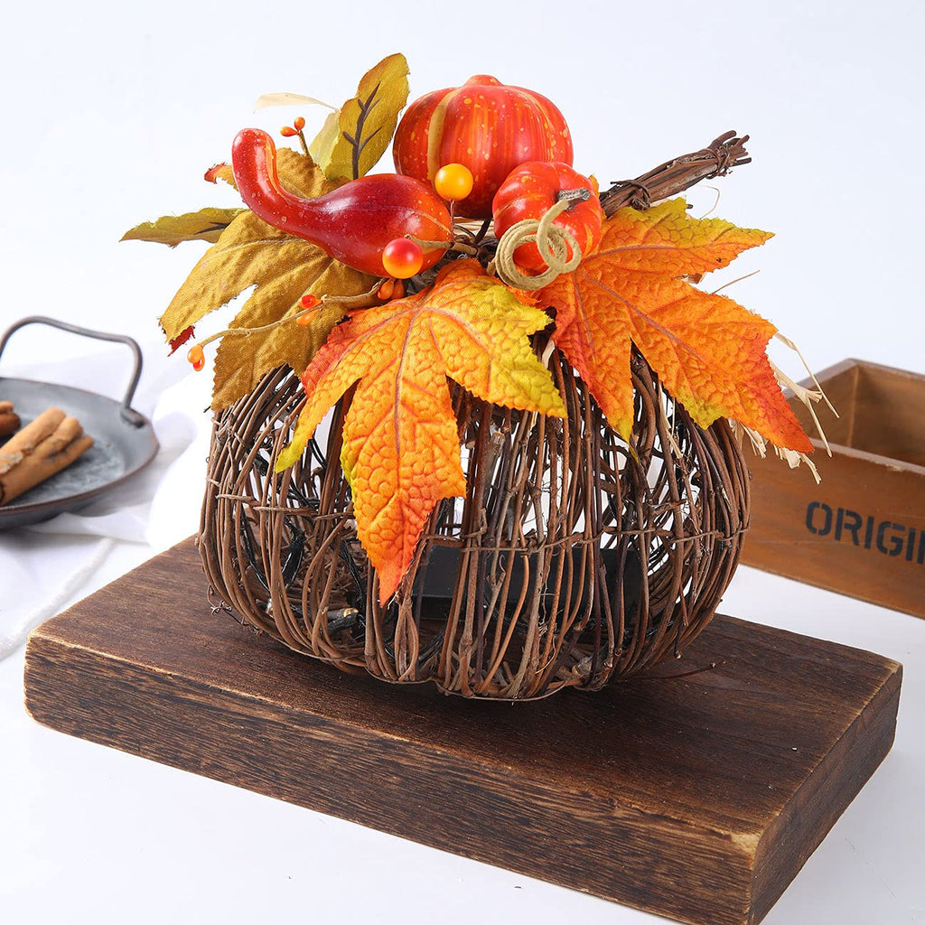 8 Inch Lighted Pumpkin Fall Decor - LED Thanksgiving Decoration with Maple Leaves, Berries, and Pumpkin, Autumn
