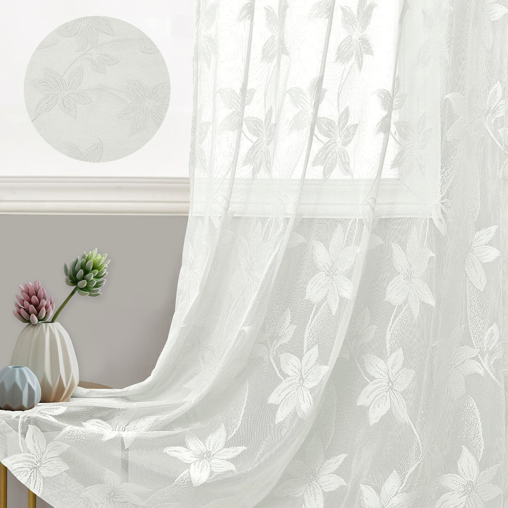 2 Pack Floral Lace Small Short Sheer Curtains - Light flitering Transparent Rod Pocket Half Window Sheer Curtains for