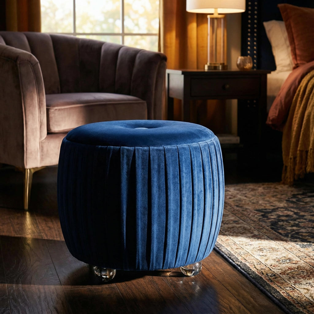 Doles Round Ottoman with Clear Acrylic Legs 16, High, Navy Blue Velvet