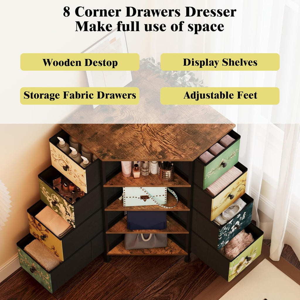 8 Drawers Corner Dresser with Fabric Drawers and Shelf | Retro Corner dresser with wooden top&4 open shelves,Corner