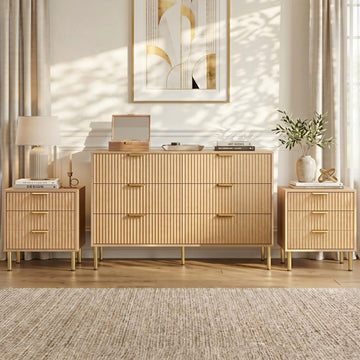 Natural Oak 3-Piece Fluted Dresser and Nightstand Set