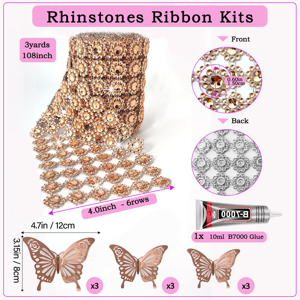 Champagne Rhinestone Mesh Fabric, 4In X 3Yards 6Rows, Bling Ribbon Roll for Crafts, Mum Ribbon Wrap Trim with 3D