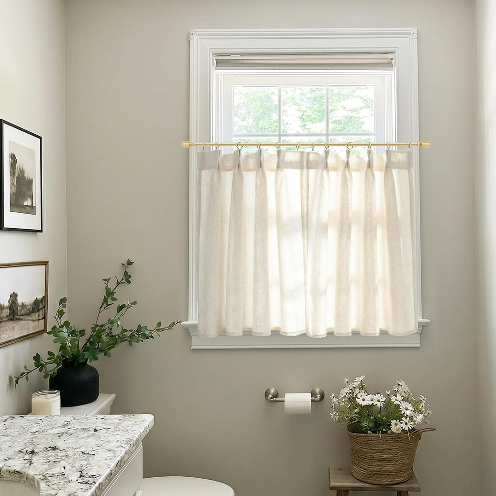 Pinch Pleat Cafe Curtains 24 Inch Length for Kitchen Window Over Sink, Cream Linen Light Filtering Sheer Farmhouse