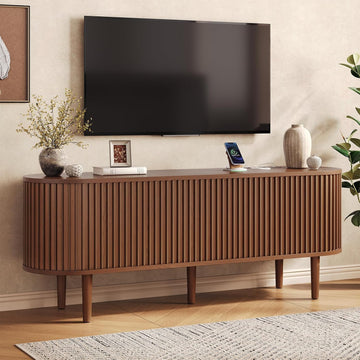 59" TV Stand for 65" TV with Power Outlet, Entertainment Center with Solid Wood Leg, Fluted TV Console with