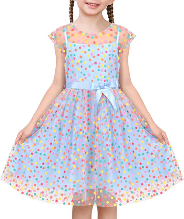 Sleeveless Belted Rainbow Polka Dots Party Tulle Cami Dress