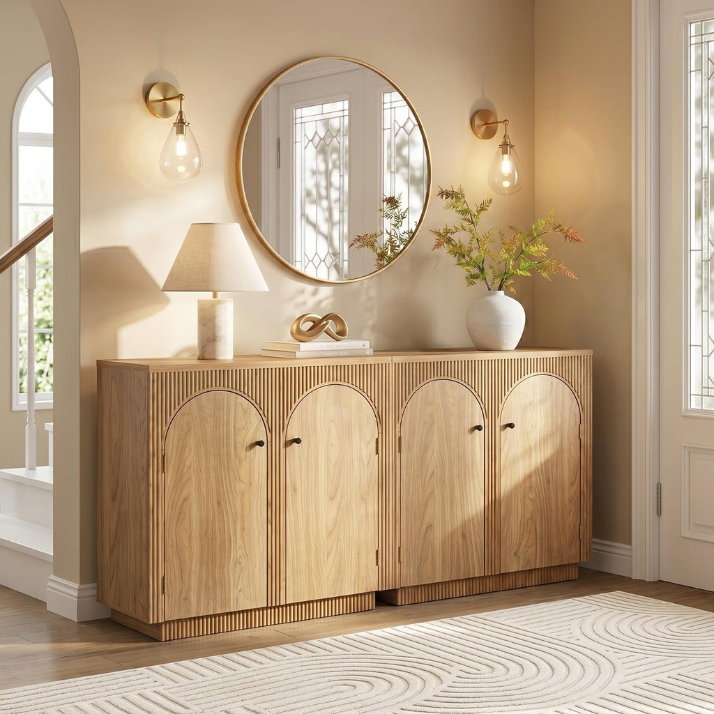 32" Arched Door Sideboard Buffet Cabinet with Storage, Natural Oak