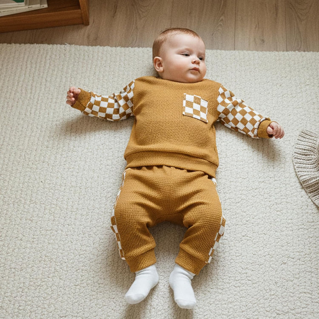 Baby Boy Fall Clothes Toddler Infant Plaid Patchwork Outfit Long Sleeve Round Neck Tops and Casual Pants Set